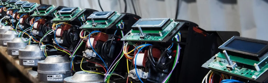 Σειρά από μονάδες ελέγχου για καυστήρες βιομάζας πέλλετ κατά τη συναρμολόγηση στην Axinar