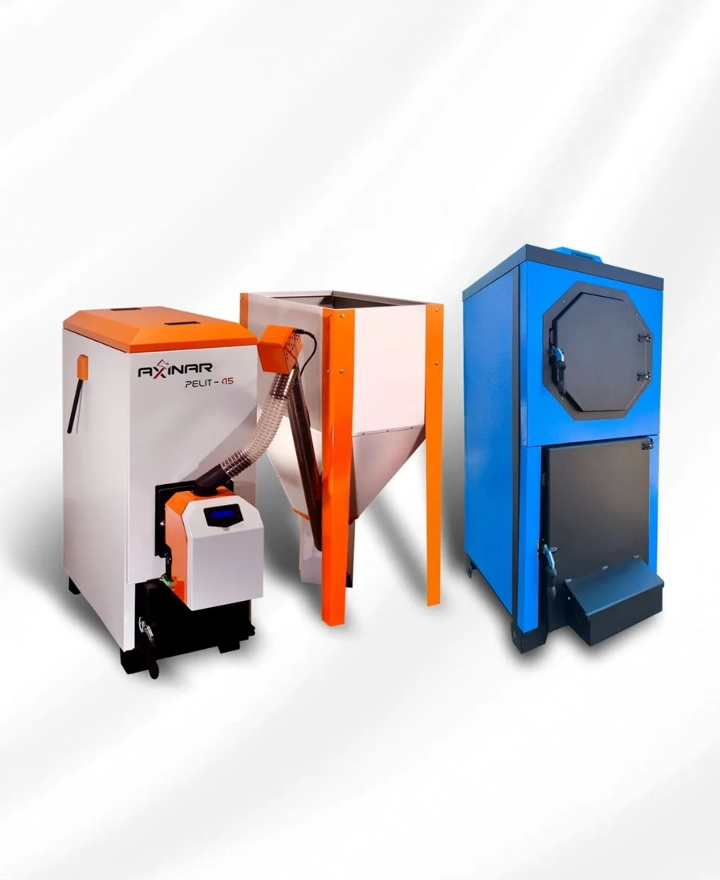 Axinar.com pellet boiler, hopper and blue furnace for industrial heating