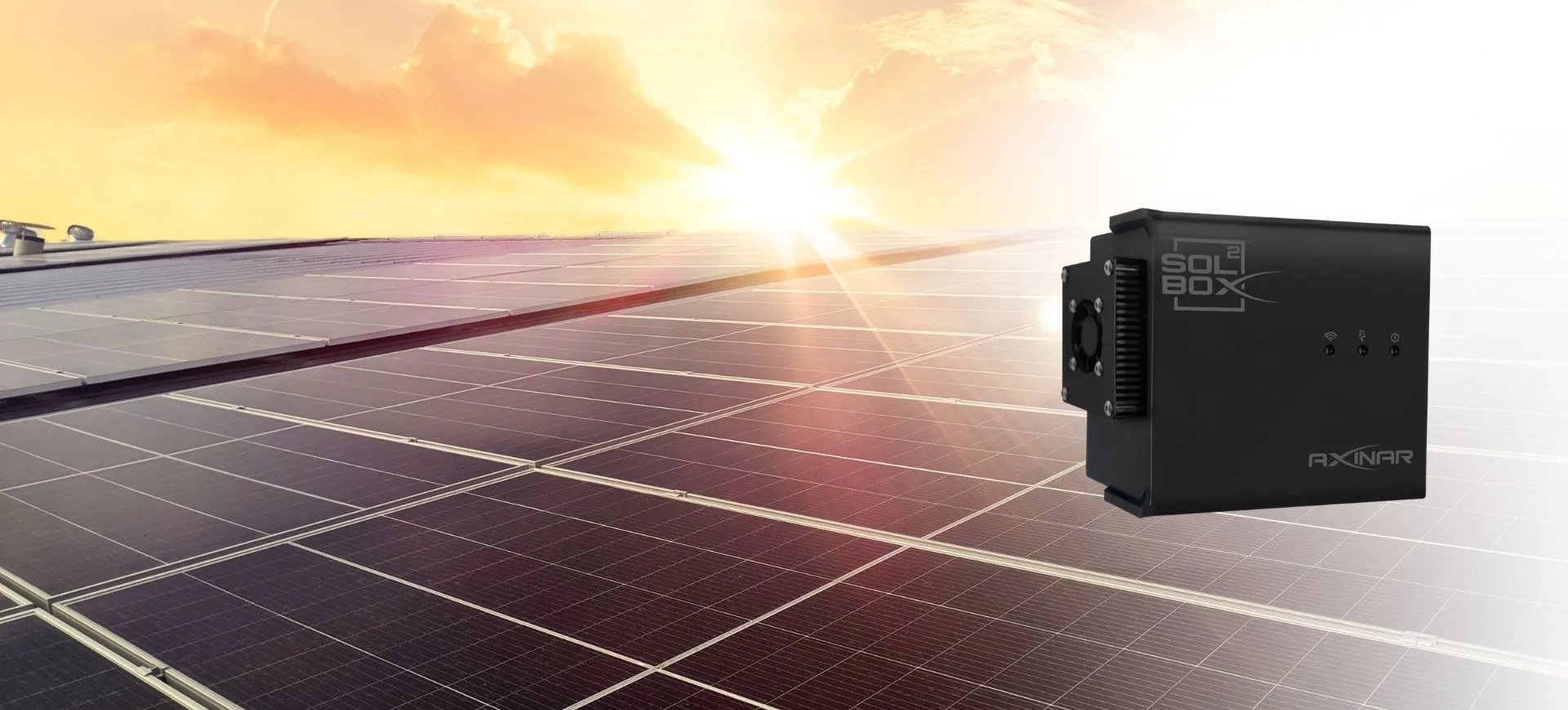 AXINAR SOLBOX unit on a solar panel rooftop converting solar energy into hot water for heating