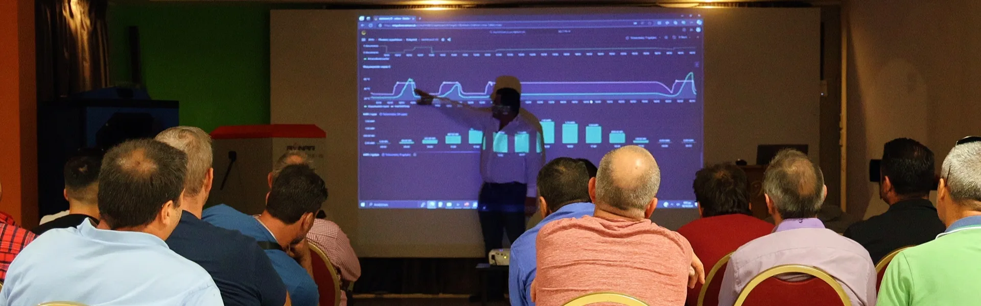 Professional training at Axinar Academy with instructor presenting technical data and performance charts