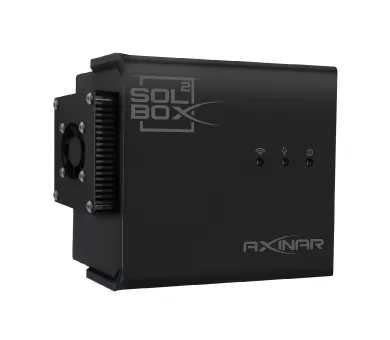 “AXINAR SOLBOX² controller unit, black enclosure with status LEDs, front-left angle on white background.