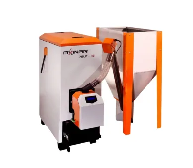 Axinar Pellet 45 biomass boiler with hopper and auto-feed system for efficient and affordable heating.