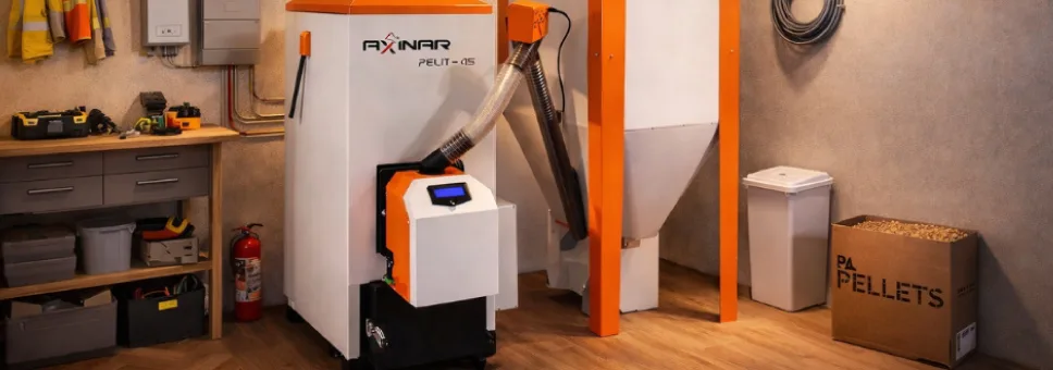 Axinar PELIT-15 pellet boiler with automatic auger feeder and pellet silo in a boiler room