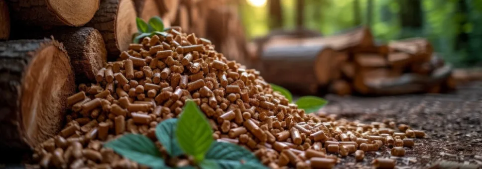 Σωρός από πέλλετ βιομάζας με πράσινα φύλλα δίπλα σε στοιβαγμένα ξύλα σε δάσος