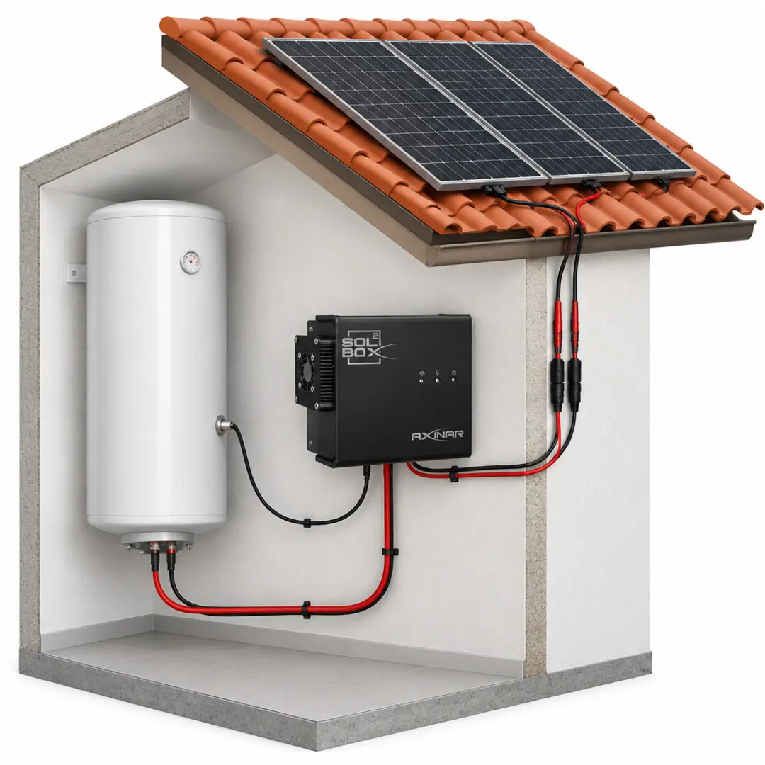 Cutaway of a house: three photovoltaic panels on the tiled roof, their DC cables running down the wall into the SolBox, and the SolBox output going to the electric water heater standing beside it. Nothing connects to the grid.